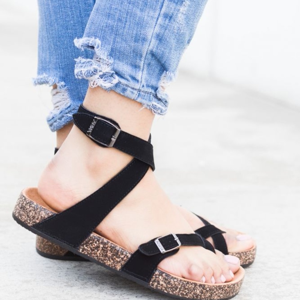 LADIES STRAPPY BUCKLE CORK SANDALS. BLACK - Picture 3 of 5